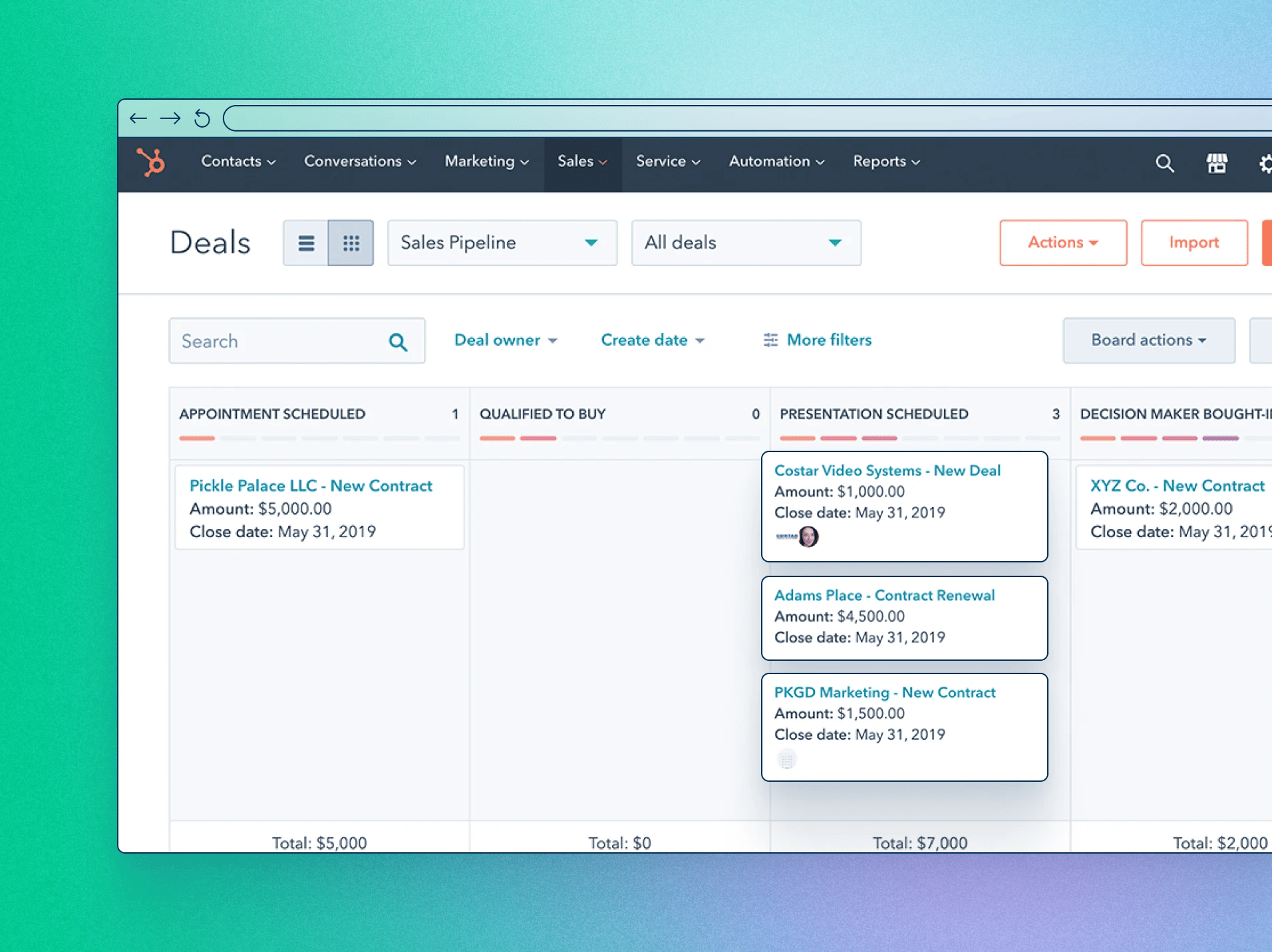 HubSpot Deals board view
